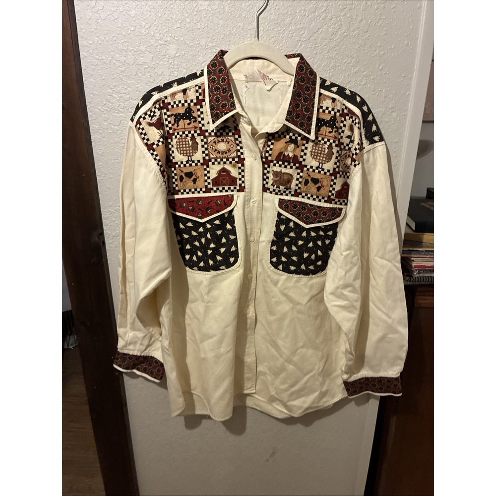 Vtg womens rhea's Fun Fashion large button up Long Sleeve shirt Western Style